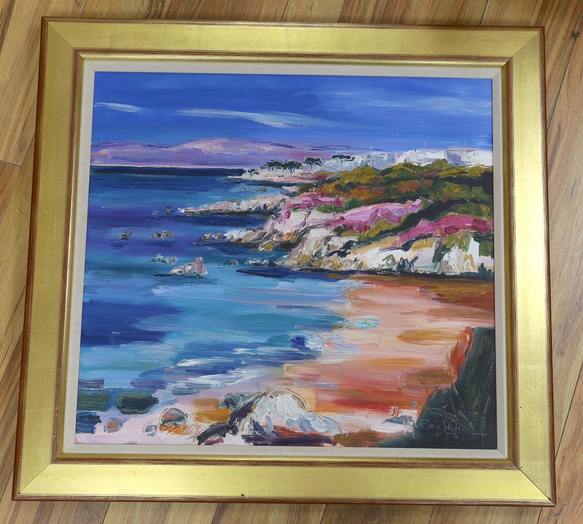 Judith Bridgland (b.1962), oil on canvas, Beach at Pacific Grove, signed, Ainscough Art label verso, 60 x 65cm